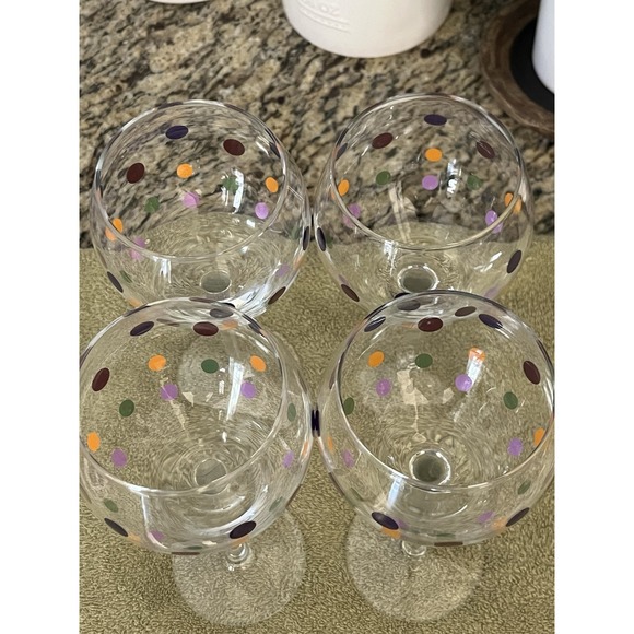 Pampered Chef - Set of 4 Wine Glasses - Bubble Balloon Clear Glass, Colored Dots - Picture 3 of 4